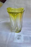 Front view of yellow to clear thick Val St. Lambert signature crystal vase showing its biomorphic shape.