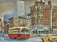 Close-up of the vintage street scene print showing the streetcar, police car, and surrounding buildings in winter.