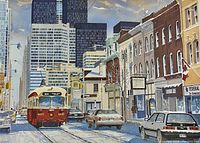 Close-up of the print showing the streetcar and Toronto buildings with snowy street scene.