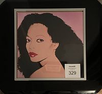 Square vinyl album cover showing Andy Warhol styled pop art portrait of Diana Ross with pink background and red lips in excellent condition.
