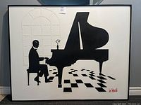 Full view of framed painting showing man playing grand piano, signed lower right.