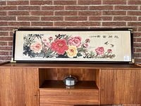 Front view of vintage large Chinese hand-painted artwork showing size and frame detail