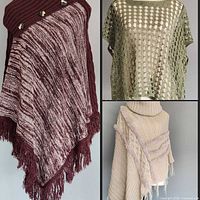 Maroon, olive, and beige ponchos displayed front view on mannequins