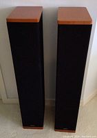 Front view of two Definitive Technology floor speakers with wood tops and black fabric covering the front.