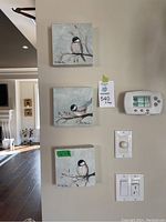 Three small square canvas paintings of birds on branches hung vertically on a wall next to thermostat and light switches. Each painting measures 6x6 inches and signed by Carol Hamilton.
