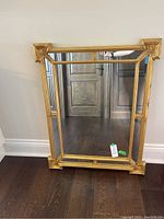 Full front view of mirror with gold frame against wall