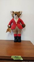 Full front view of the vintage Fox Renaud doll, showing standing posture, fur texture, and clothing detail including red jacket, beige pants, and boot colors.