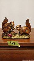 Front view of hand-painted porcelain squirrels figurine on wooden surface with green numbered label.