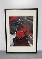 Full view of framed abstract art painting with red, white, black, and gray shapes and lines, measuring 21x28 inches.