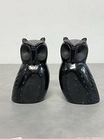 Front view of the pair of black stone owl bookends showing detailed carving on eyes and wings.