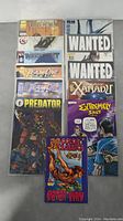 Comic book lot laid out clearly showing variety including Predator, Team One Wild Cats, Wanted, Madame Xanadu, and others