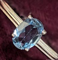 Close-up front view of oval blue topaz gemstone set in sterling silver band with triple strand shank and four prongs.