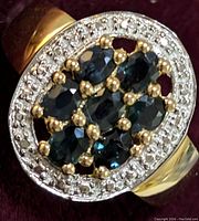 Close-up of the top face of the ring showing sapphire cluster and surrounding clear stones, mounted in sterling silver.