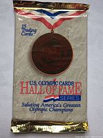Close-up of a single sealed pack of 1991 U.S. Olympic Cards Hall of Fame Series showing bronze medal graphic and text.