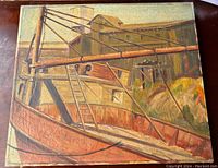 Full view of signed Paul Breisach oil painting on canvas depicting industrial waterfront scene with docked boats and warehouses.