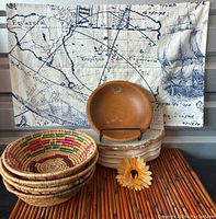 Vintage wooden bowl placed in a stand with visible Woodcroftery stamp and four colorful woven bowls stacked beside it