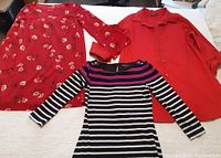 Three women's clothing pieces laid flat showing Dex floral dress, Boho Chic red jacket, and White House Black Market striped dress.