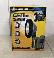 Box of 20 Million Series Rechargeable Swivel Head Spotlight showing product features: super bright high beam, wide range low beam, LED area light, triple beam power. Box in yellow with black writing and images.