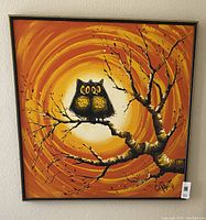 Full view of square owl painting showing frame and artwork