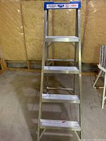 Front view of the 5-foot aluminum step ladder showing 4 steps, the aluminum frame, and blue top cap.
