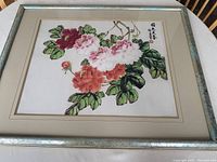 Overall view of the framed Chinese peony painting showing floral composition and frame