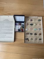 Photo of the mineral and rock specimens with informational guide sheet