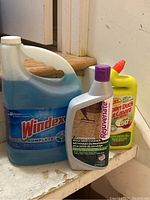 Photo of large bottles of Windex Complete (blue liquid), Rejuvenate Grout Deep Cleaner, and yellow Toilet Duck toilet cleaner.