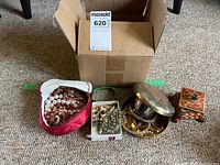 Full view of the entire lot including cardboard box, jewelry pieces, and storage boxes.