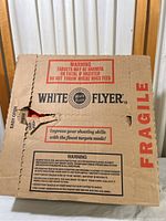 Box of White Flyer Big 5 shooting targets showing brand logo, warnings, and some box damage.