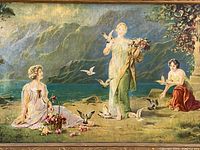 Close-up showing the three women with pigeons and the natural landscape background, highlighting the detailed depiction and presence of a chip on the painting.