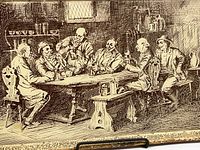 Close-up detail of the reverse painting showing men at the table and rustic interior elements in brown tones