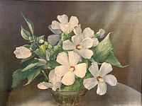 Close-up of the flower print showing white mallow flowers in a glass vase with leaves and signature 'F. Julia Bach 1945' on upper right.