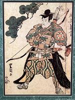 Close-up of the Japanese samurai print highlighting the detailed patterned clothing and facial expression.