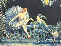 Close-up view of print featuring the woman in tutu and man in harlequin costume in a courtship pose under a lantern with floral decoration.