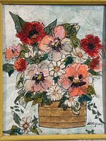 Close-up of the floral painting showing the colorful flowers and the signature by artist A. Verjuinak in the bottom right corner.