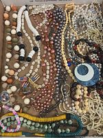 Photo showing assortment of vintage necklaces and beads in various colors and materials including faux pearls, wood beads, and a blue pendant.