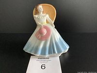 Front view of Royal Doulton Annabel figurine with seated young woman in blue and white dress, holding pink hat, sitting against golden textured backrest.