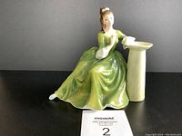 Full view of Royal Doulton Secret Thoughts figurine seated in green dress beside a cream-colored pedestal.