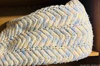 Close-up photo of a hand made pastel colored crochet throw blanket with a zig-zag chevron pattern.