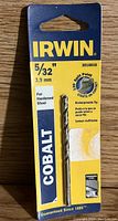Photo of the new Irwin 5/32" Cobalt drill bit in original packaging, showing product information including size, material, and features.