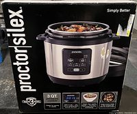 Front box image showing the Proctor Silex pressure cooker with controls and product branding.