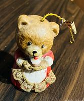 Photo of a small bear Christmas tree ornament wearing a red dress and lace trim, holding a candle with a red flame.