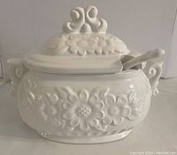 Front-side view of white ceramic gravy tureen with lid and attached ladle on the side