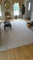 Full view of the light beige area rug placed in a living room with furniture around it.