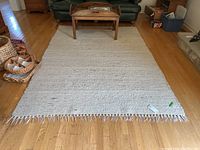 Full view of large light gray area rug with fringed edges on wooden floor.