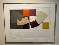 Full view of unsigned abstract geometric painting with geometric shapes on Arches paper in a gold frame under glass.