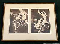 Full view of diptych framed print showing two panels of dancers in white outlines against dark backgrounds, matted and framed in antiqued gold frame.