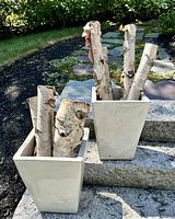 Two tall cream glazed square planters placed outdoors, each containing thick birch branches with natural bark textures and peeling.