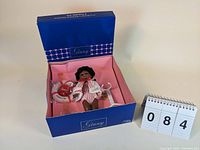 Full view of the Vogue Ginny doll inside original blue box with pink interior, showing doll, accessories, and date indicator block '84'.