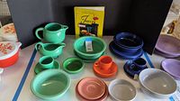 Overview of assortment showing various Fiesta ware pieces arranged on a table with reference book at back